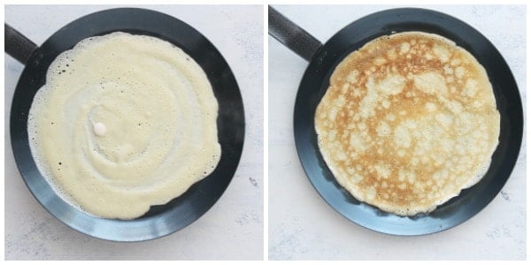 Crepes in a pan.