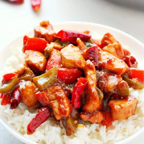 Finished dish on rice in a bowl.