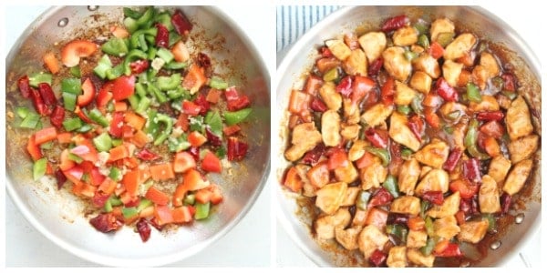 Peppers in a pan then added chicken.