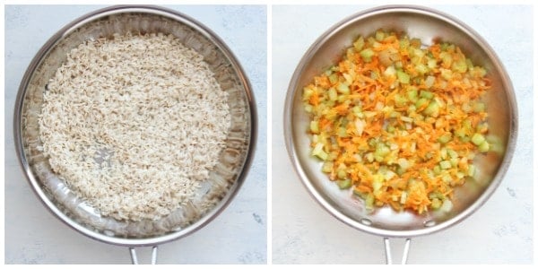 Toasted rice and sauted veggies in a skillet.