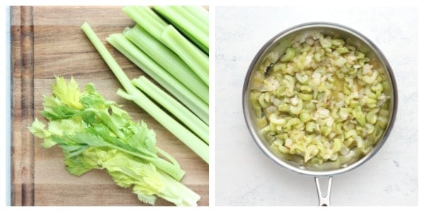 Celery on a cutting board and in a skillet.