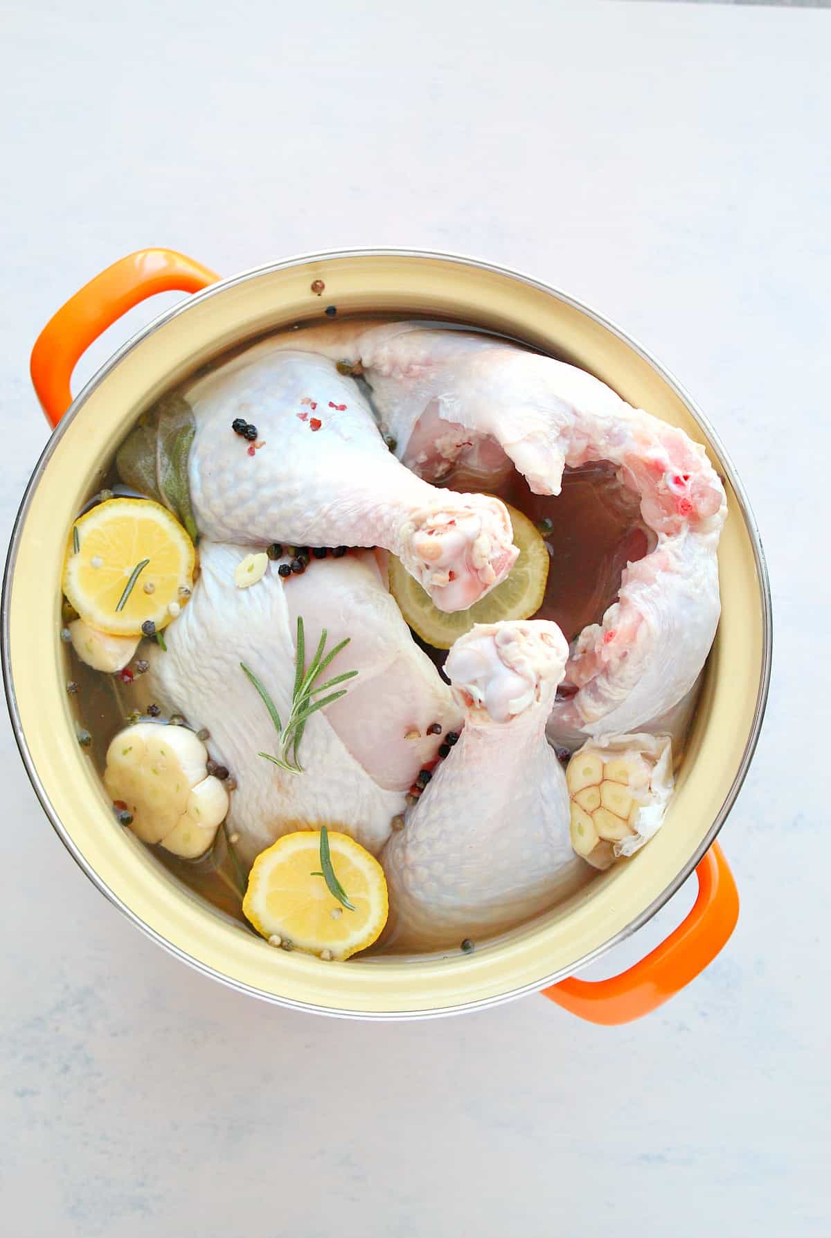 Turkey Brine recipe Turkey in brine in a large pot.