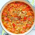 Soup with cabbage in a Dutch oven.