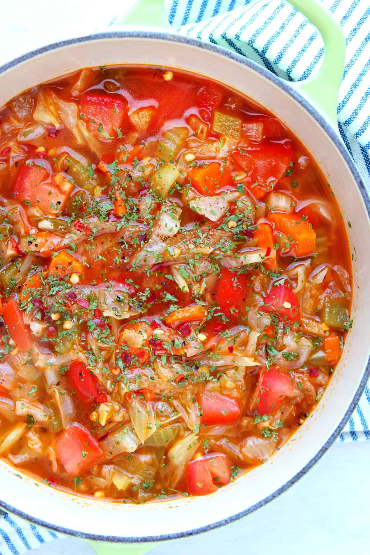 Soup with cabbage in a pot.