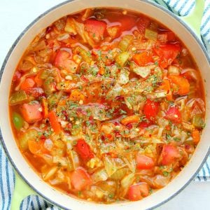 Cabbage soup in a Dutch oven.