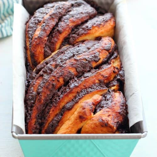 Babka in a baking loaf pan.