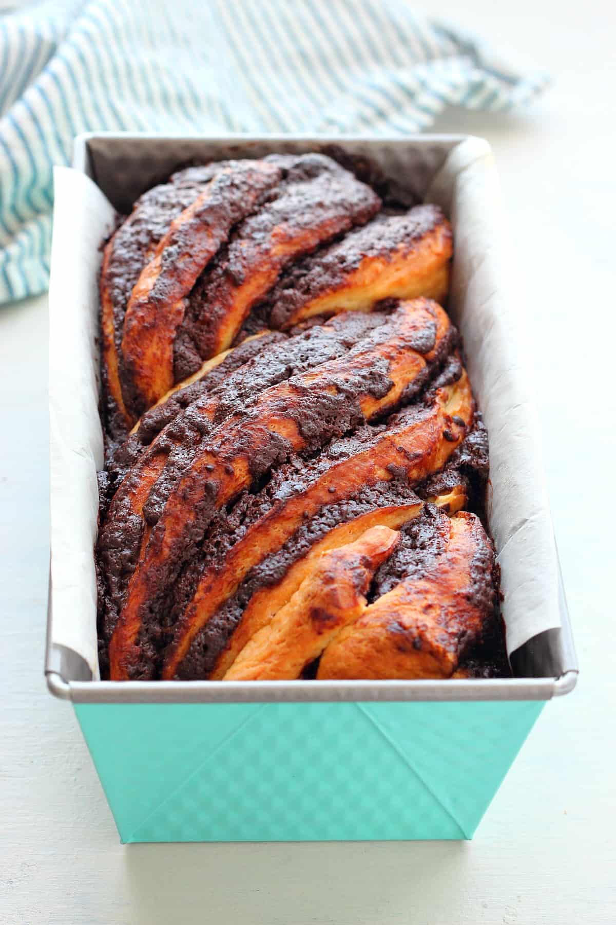 Chocolate Babka recipe Babka in a baking loaf pan.