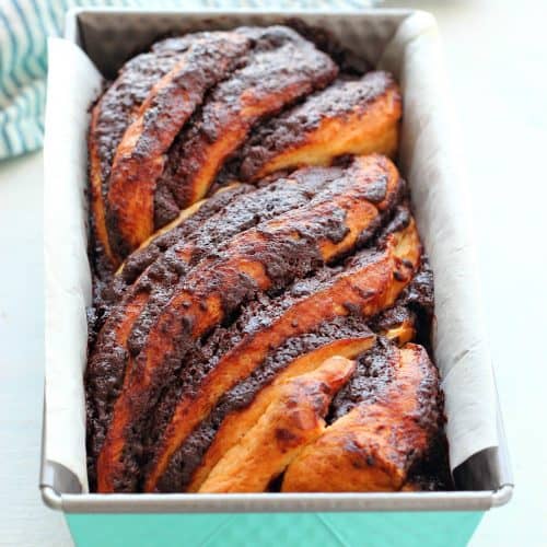 Chocolate babka in a pan.