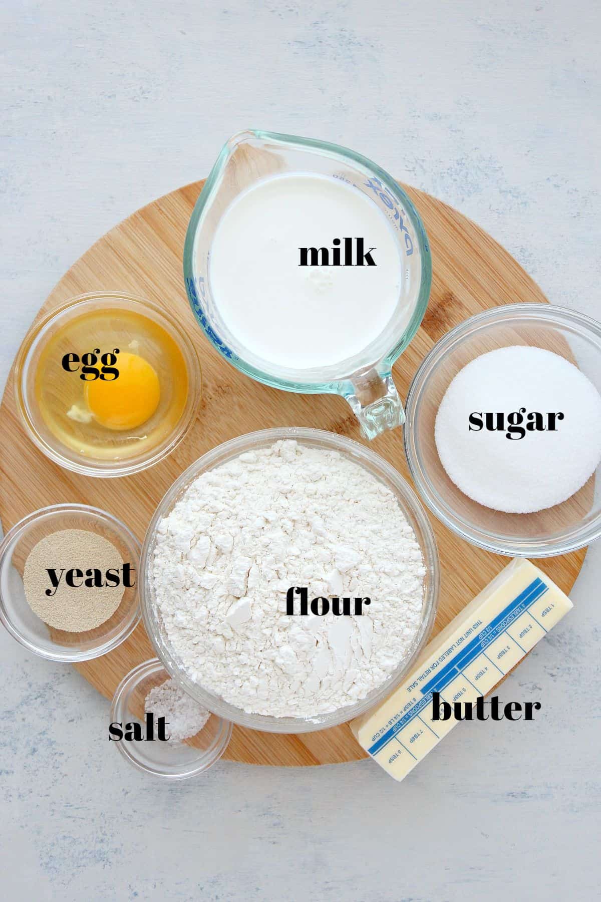 Ingredients for babka recipe on a cutting board.