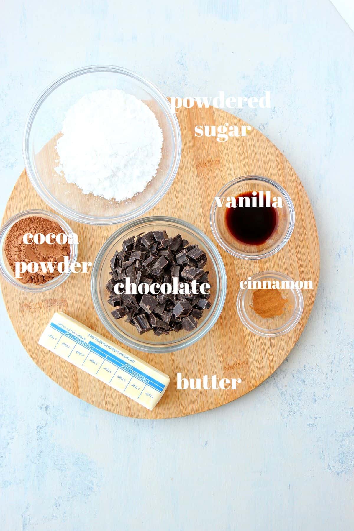 Ingredients for the chocolate filling on a cutting board.