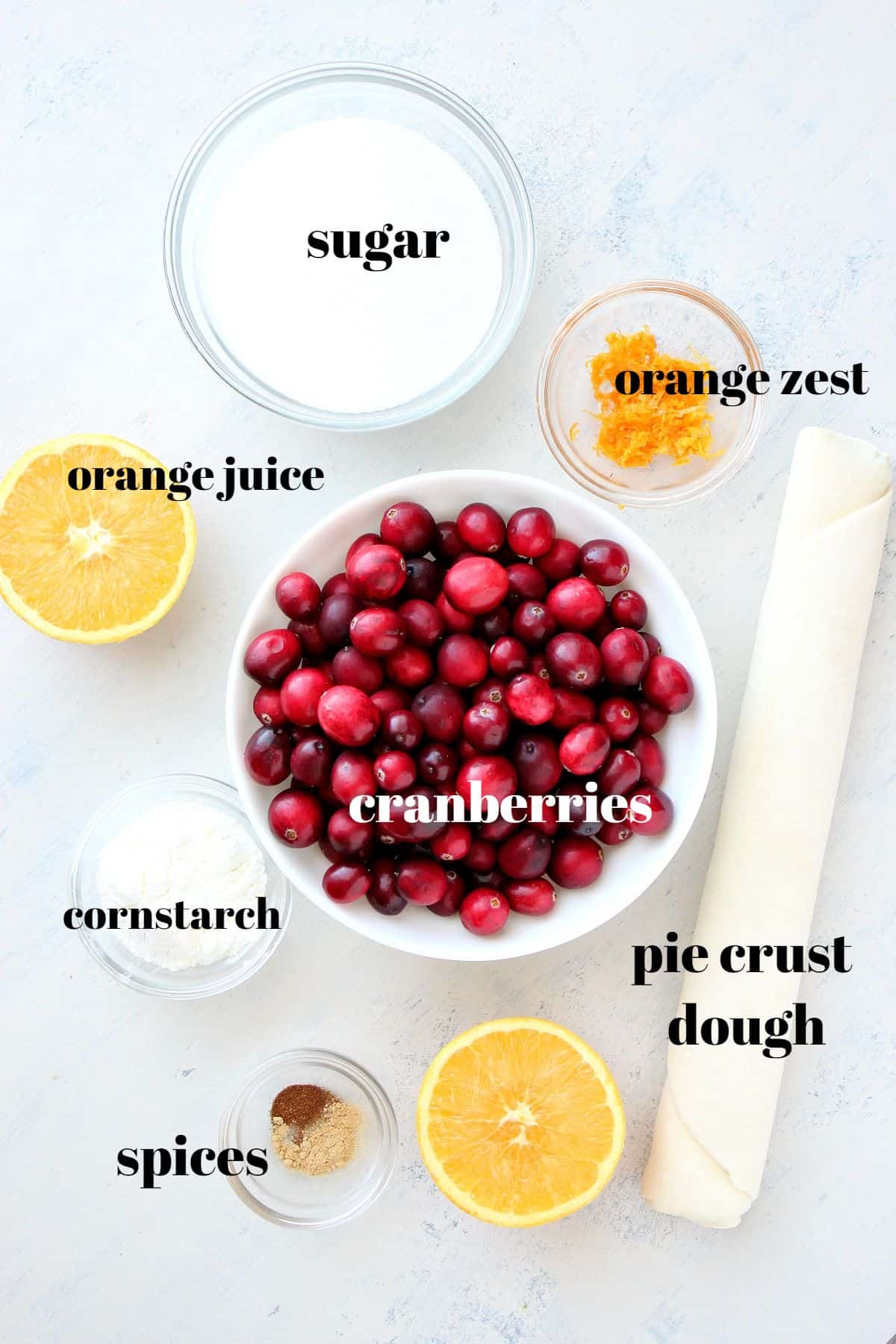 Ingredients for the pie on a white board.