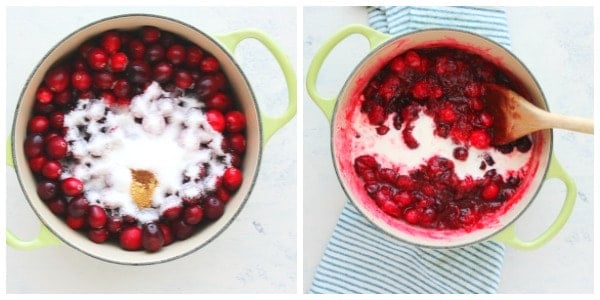 Fresh cranberries and sugar in a pot.