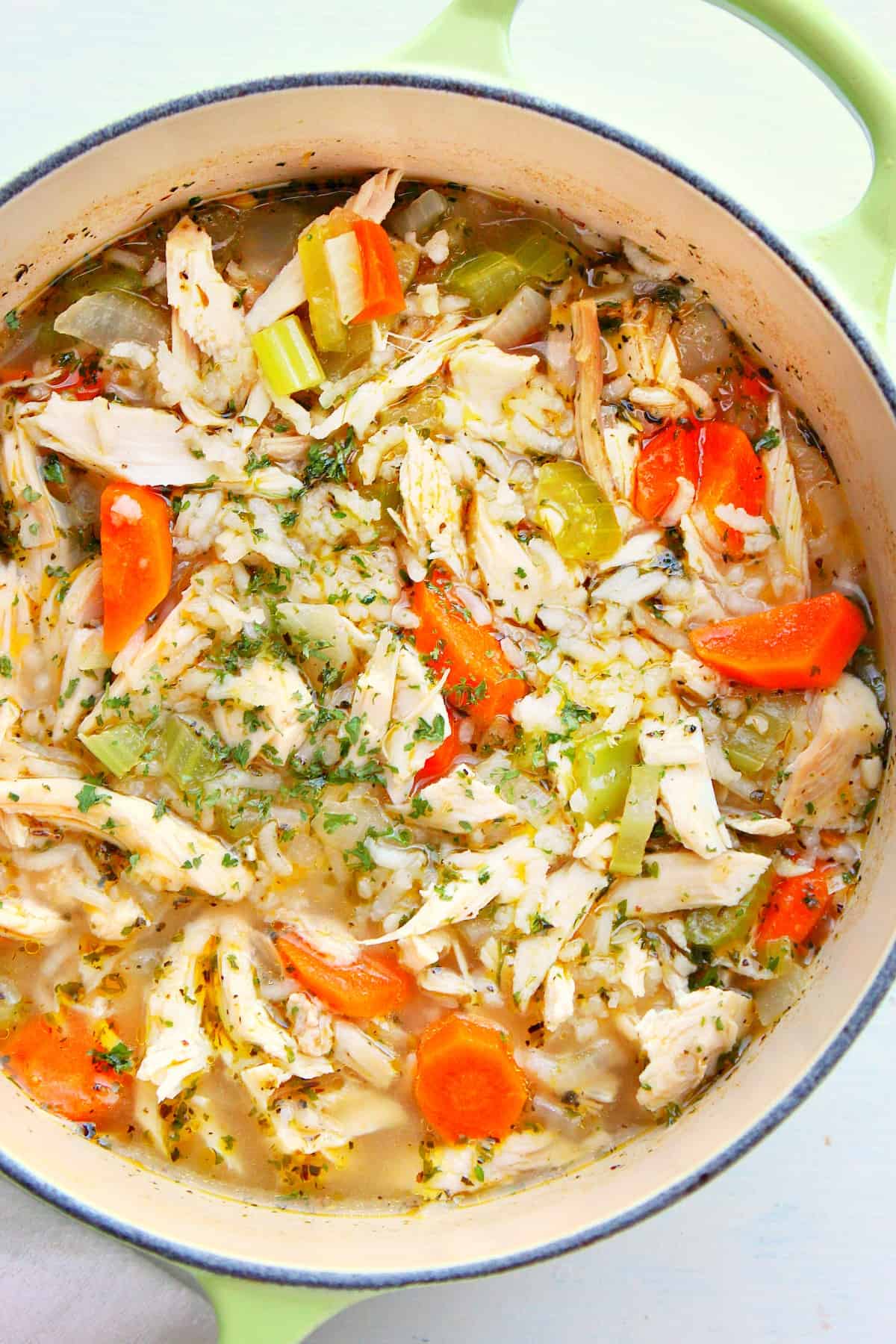 Soup with turkey, vegetables and rice in a pot.