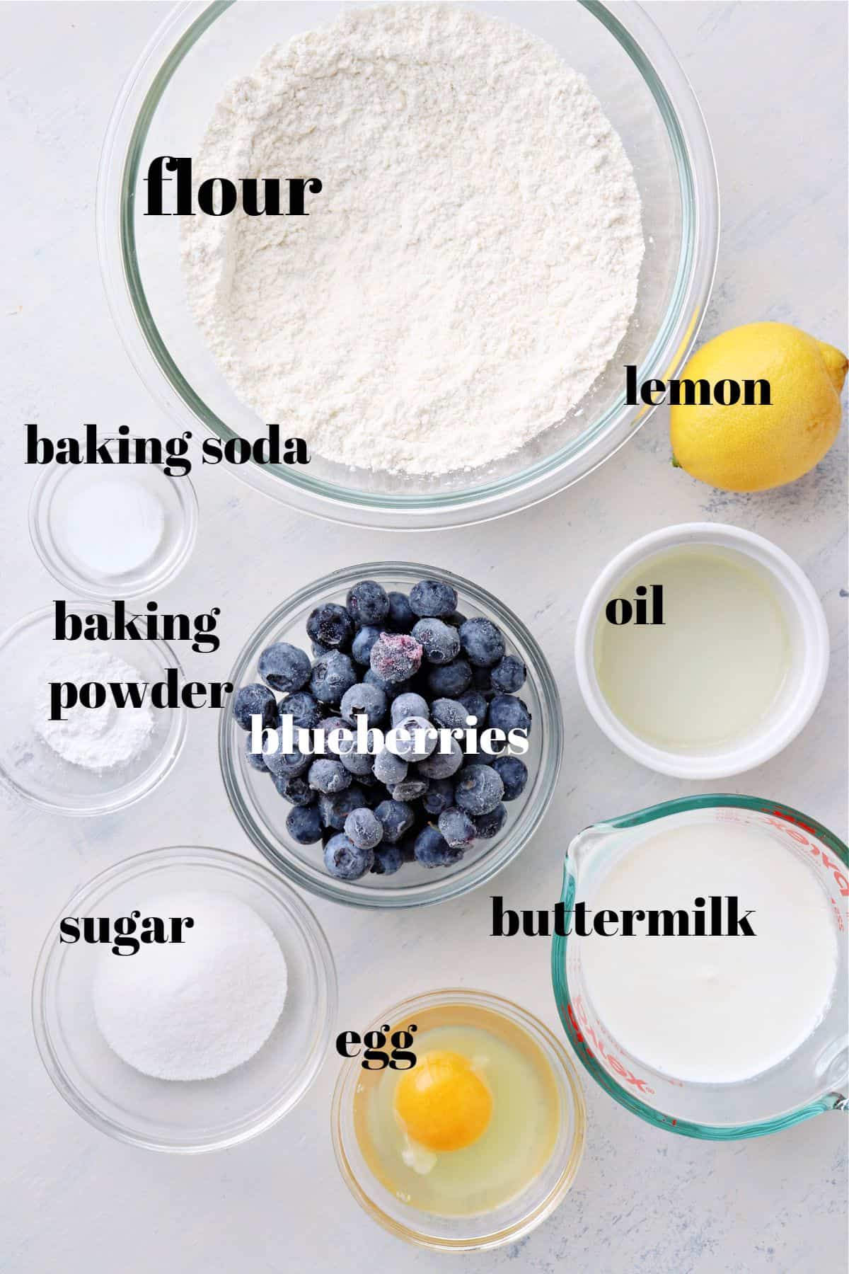 Ingredients for pancakes on a board.