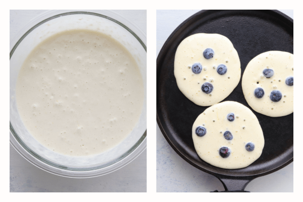 Batter in a bowl and on skillet.