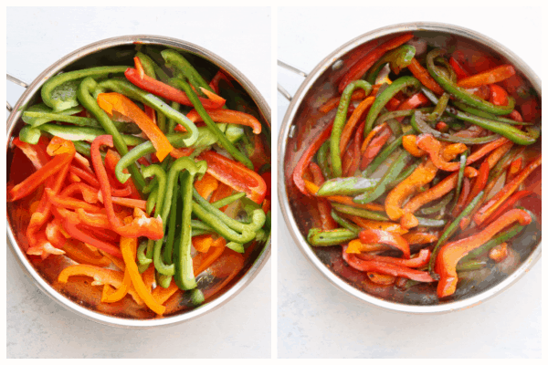 Bell peppers strips cooking in a pan.