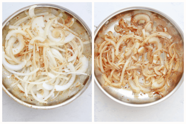 Saueting onions in a pan.