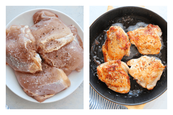 Chicken thighs in skillet.