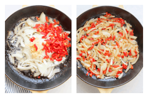 Onion and peppers in pan.