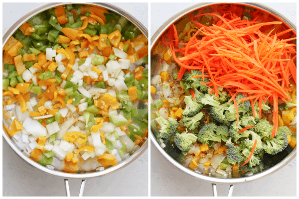 Chopped onion, peppers, broccoli and carrots in a pan.