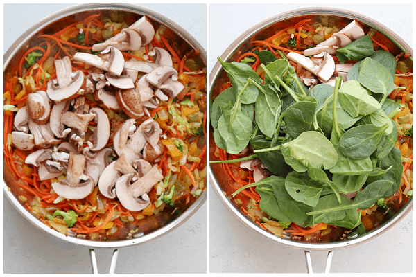 Mushrooms and spinach added to pan.