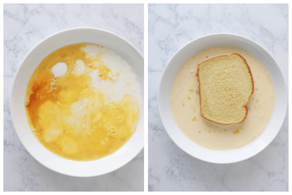 Wet ingredients and slice of bread dipped.