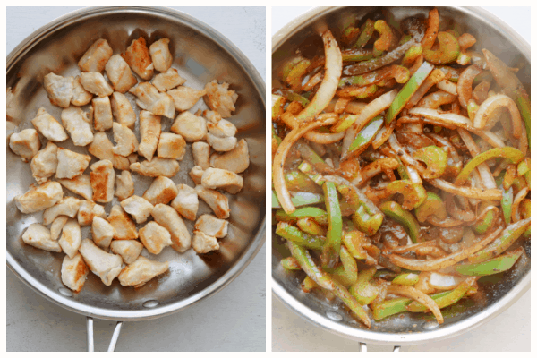 Chicken in pan, veggies sauteed in pan.