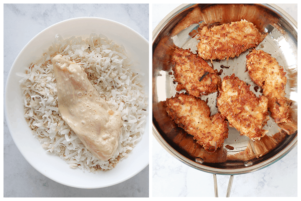 Chicken in breadcrumbs and on a pan.