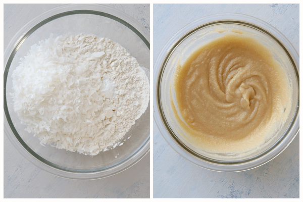 Dry ingredients and butter mixture in a bowl.