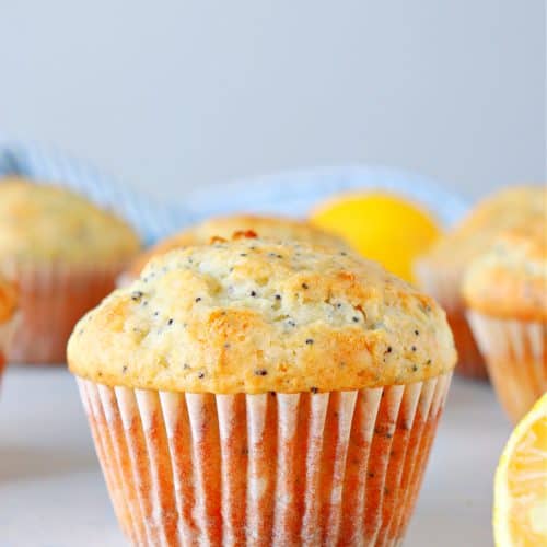 Lemon muffin with poppy seeds on a board.