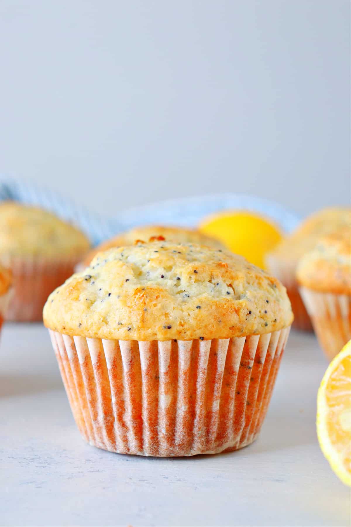 Lemon muffin with poppy seeds on a board.