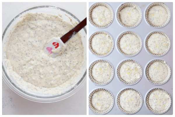 Muffin batter in a bowl and in pan.