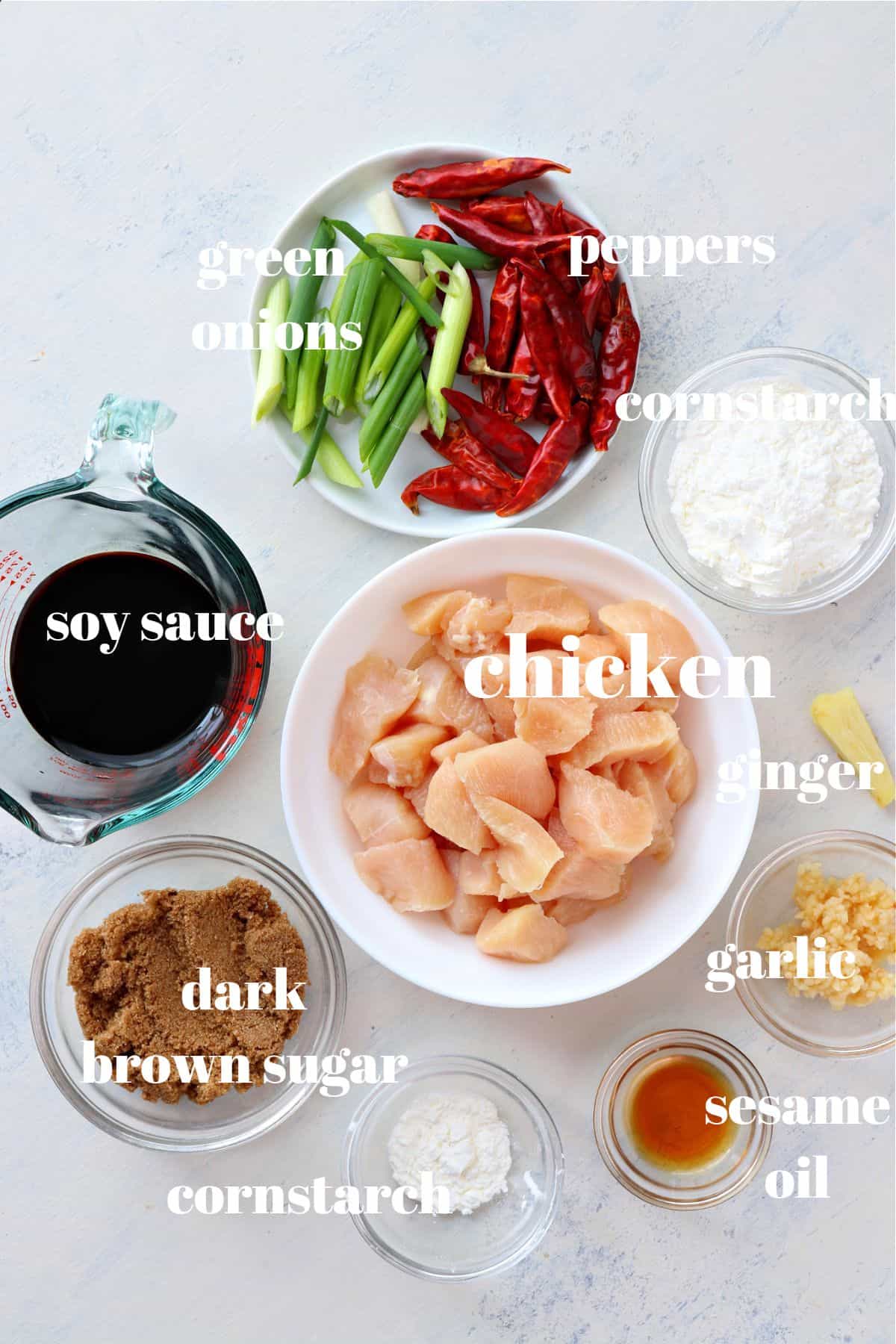 Ingredients for Mongolian chicken on a board.