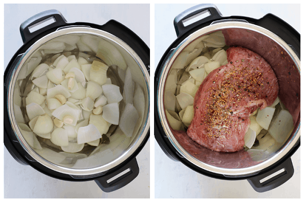 Onions and beef in the Instant Pot.