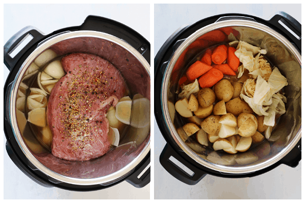 Meat and potatoes in the Instant Pot.