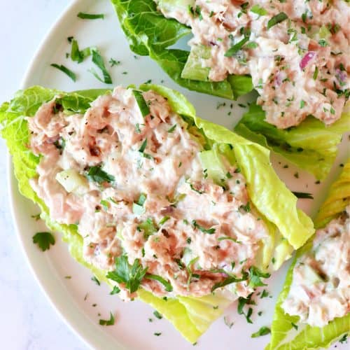 Tuna salad on a lettuce leaf.