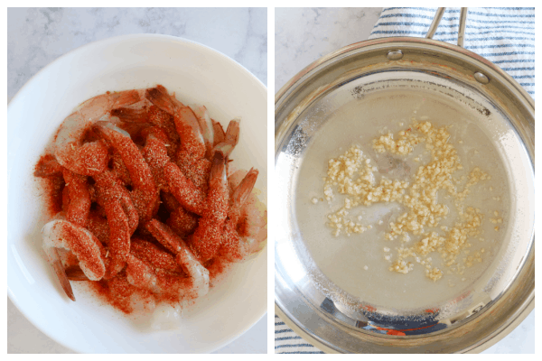 Shrimp seasoned and garlic in pan.