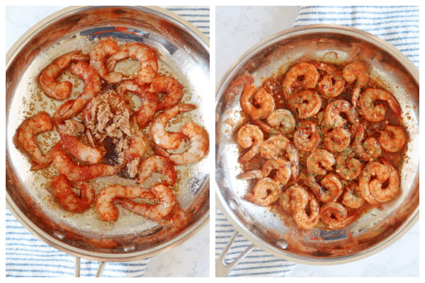 Cooking shrimp in skillet.