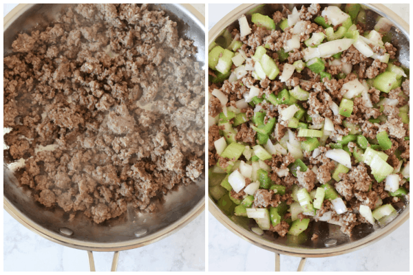 Ground beef and veggies in a pan.