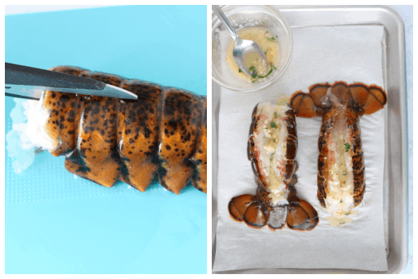 Lobster tail prepared for baking.