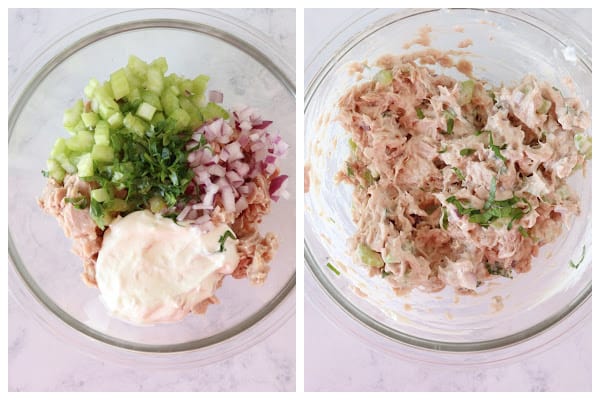 Tuna salad mixed in a bowl.