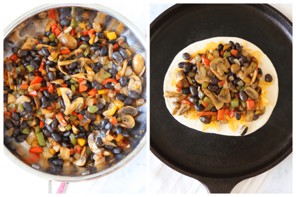 Filling in skillet and quesadillas in a skillet.