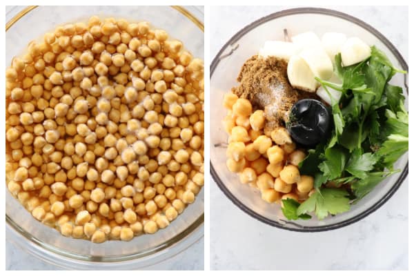 Chickpeas in bowl and in food processor.