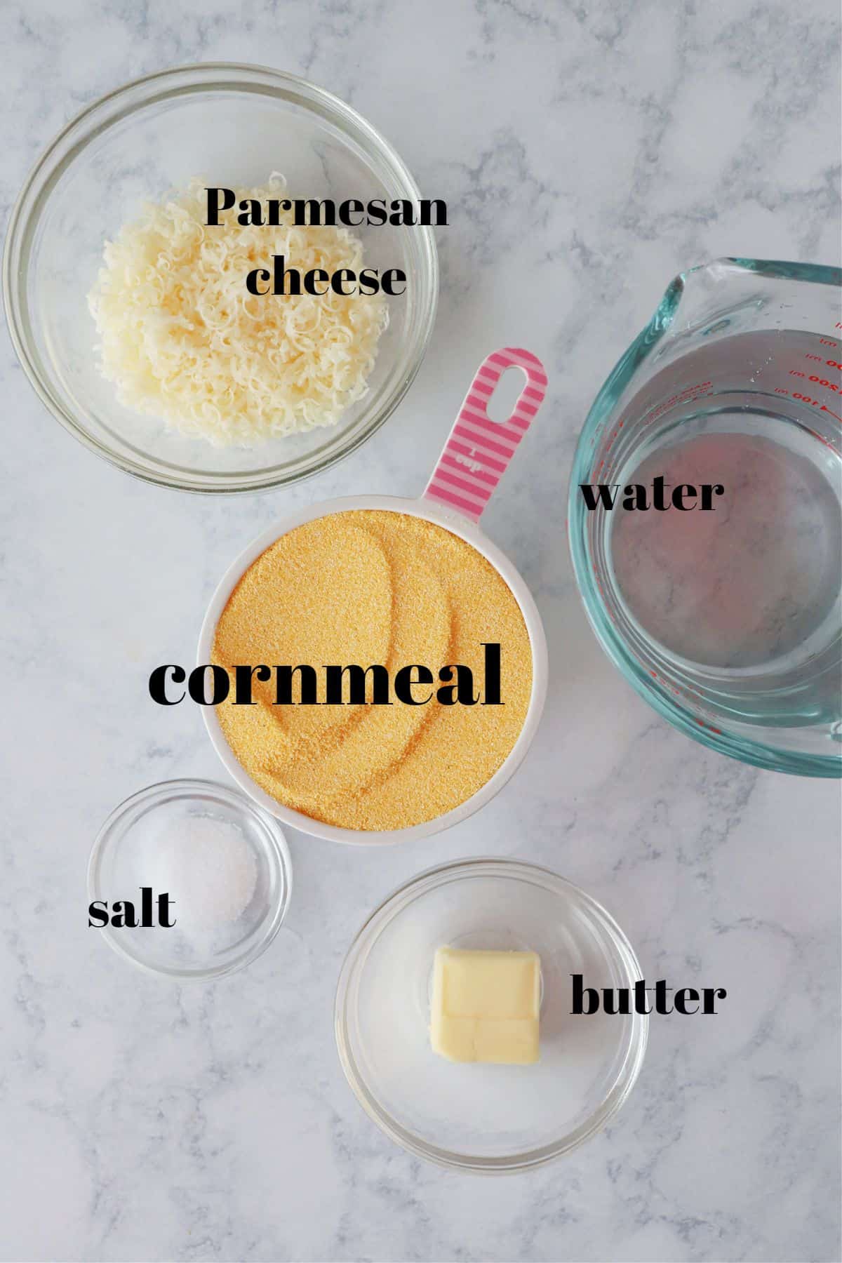 Ingredients for polenta on a board.