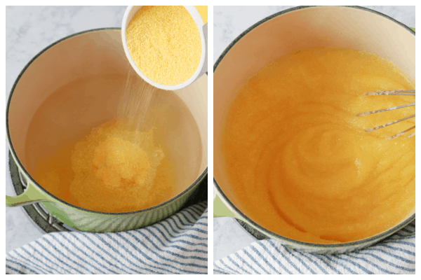 Cornmeal added to water in a pot.