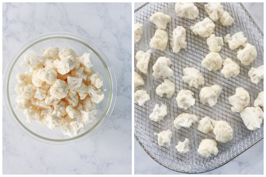 Cauliflower in a bowl and on air fryer rack.