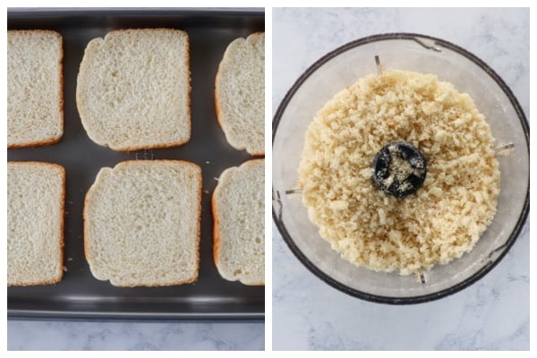 Bread on baking sheet and crumbs in food processor.