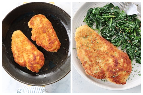 Chicken frying in pan and on a plate.