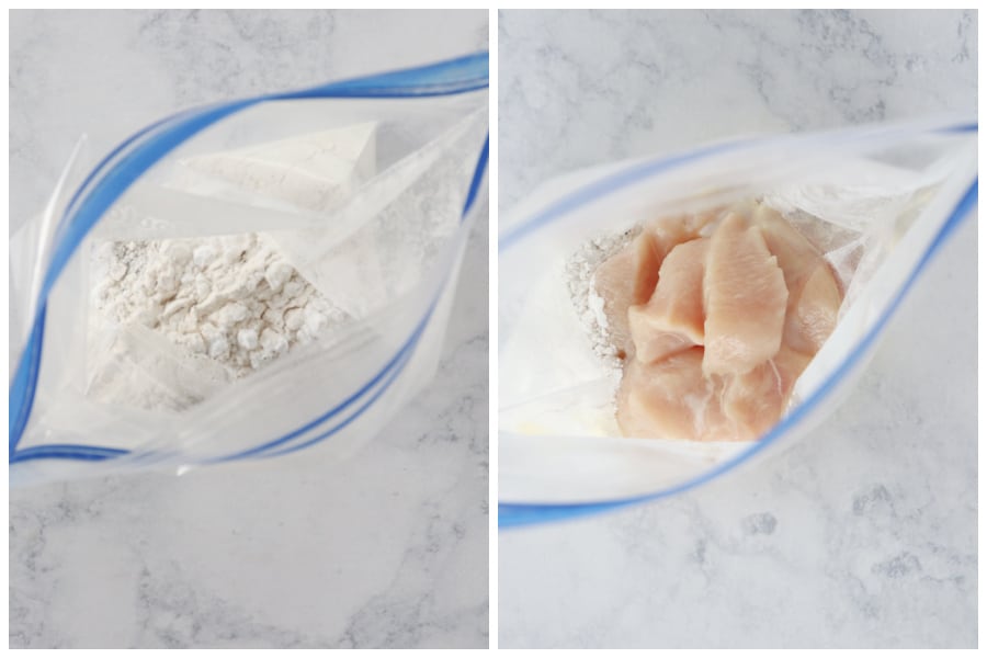 Flour in ziploc bag with chicken.