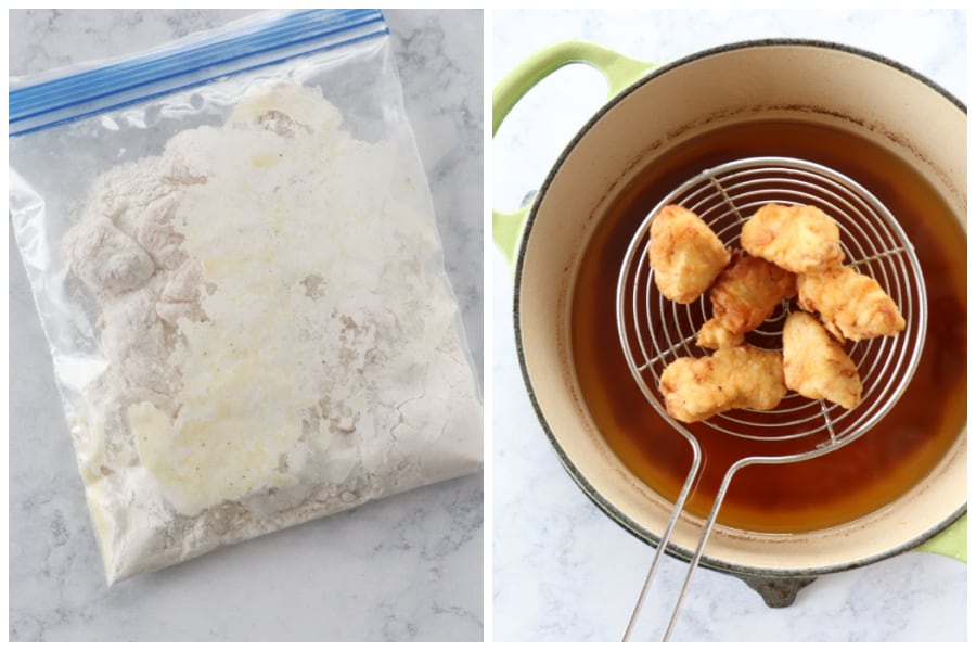 Frying chicken nuggets in oil.